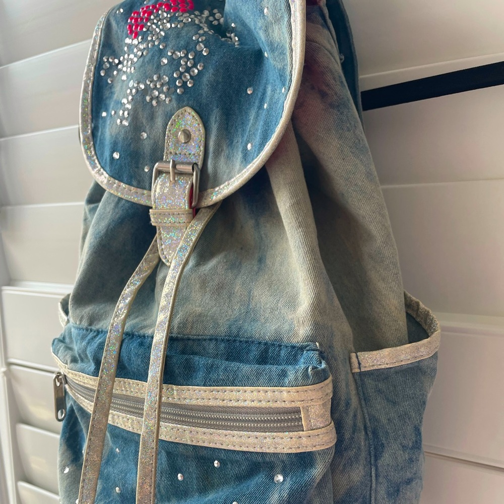 JUSTICE Acid-Wash Bedazzled Denim Slouchy Backpack